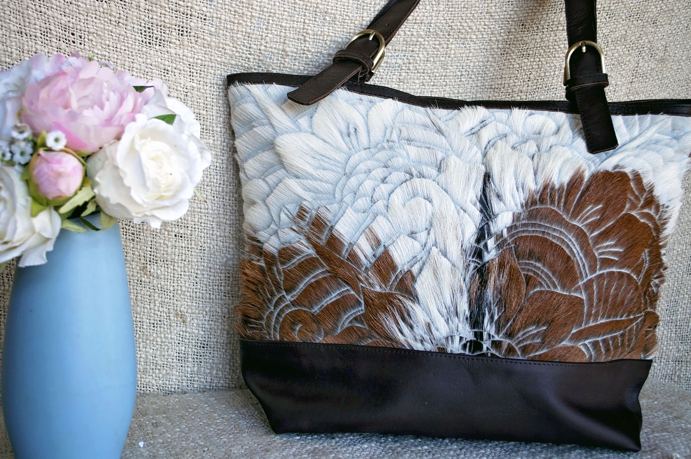 Toolong Tote ~ Brown & White Carved Collection
